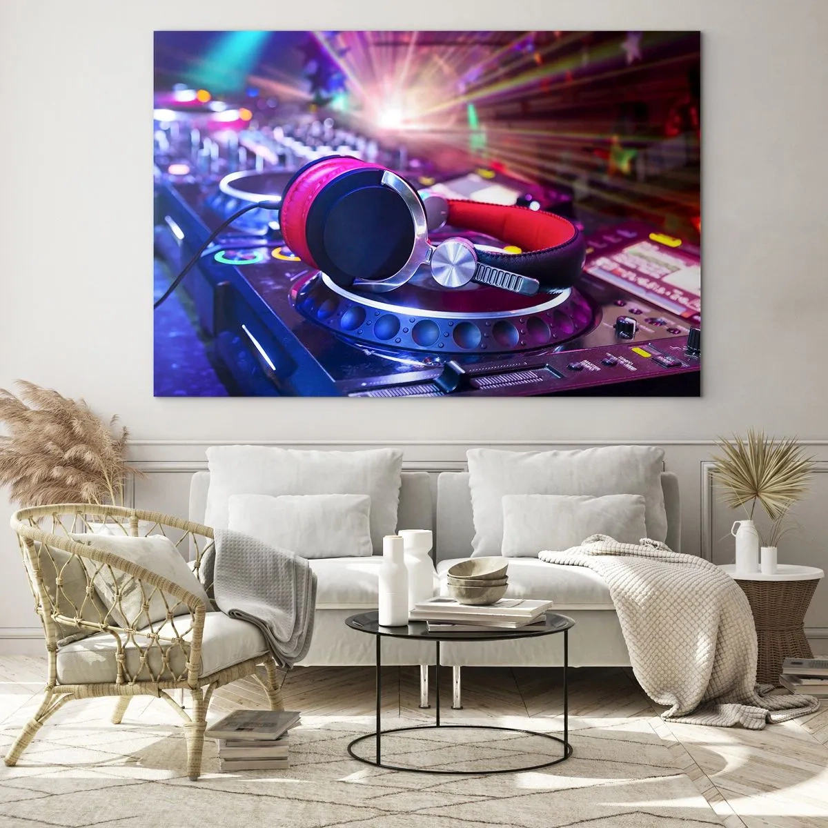 Glasbild - Bild auf glas - DJ-Equipment mit farbigen Lichtern und Kopfhörern - 70x50cm - Es wird, es wird passieren - Moderne Wanddekoration für Wohnzimmer und Schlafzimmer ARTTOR