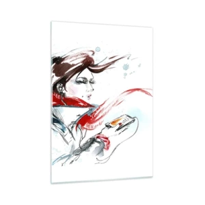 Glasbild - Bild auf glas - Eine Frau mit einem roten Schal mit dynamischen, skizzenhaften Details. - 50x70cm - Mit mir stimmt was nicht - Moderne Wanddekoration für Wohnzimmer und Schlafzimmer ARTTOR