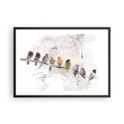Poster in einem schwarzem Rahmen - Bunte Vögel auf einem Ast im Aquarellstil - 70x50cm - Geflügeltes Treffen - Moderne Wanddekoration für Wohnzimmer und Schlafzimmer ARTTOR