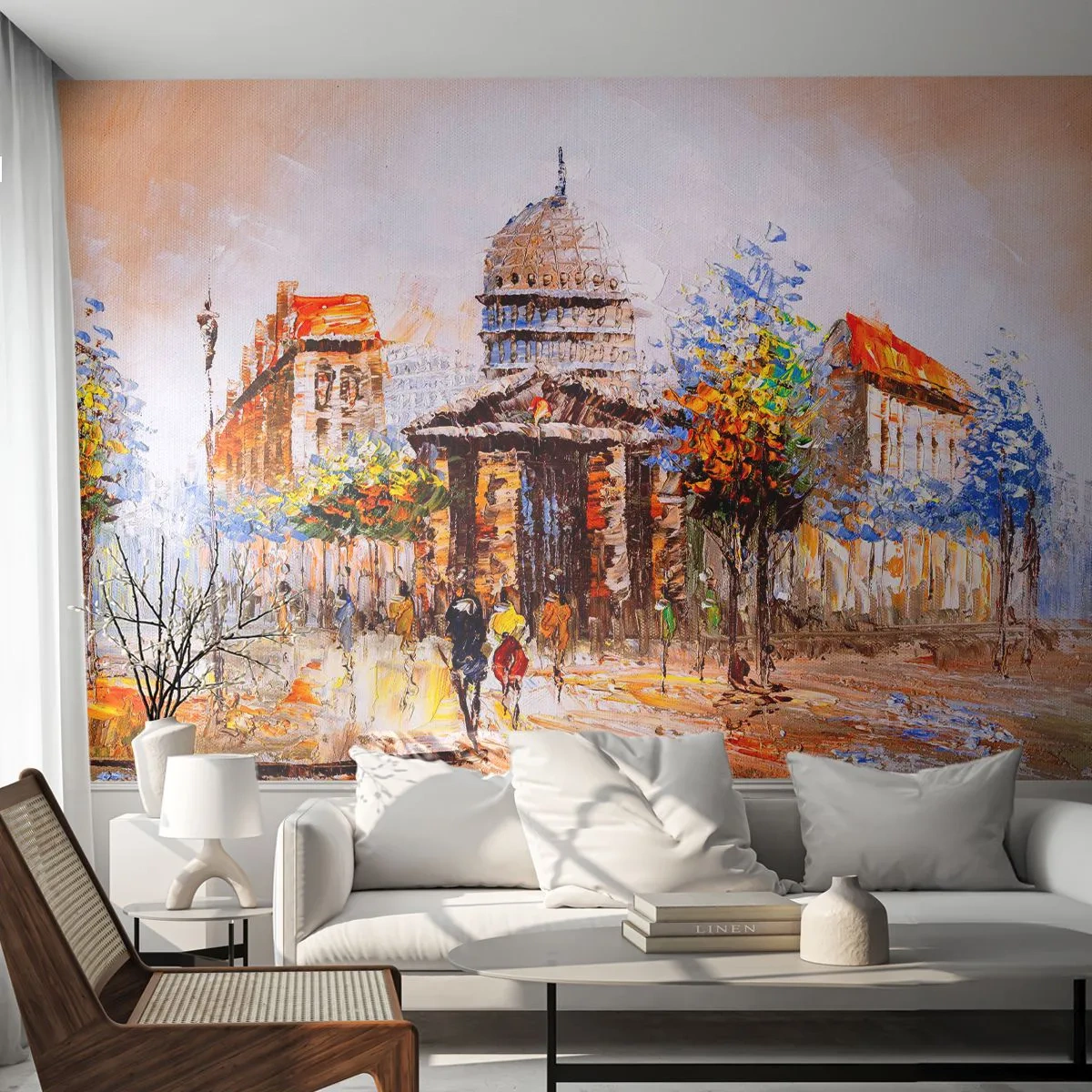 Fototapete Premium Sand - Impressionistisches Stadtpanorama mit Kuppel und Menschen - 100x70cm - Pariser Spaziergang - Moderne Wanddekoration für Wohnzimmer und Schlafzimmer ARTTOR