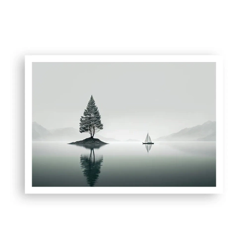 Poster - Eine minimalistische Landschaft mit einem Baum auf einer Insel und einem Segelboot. - 100x70cm - Traum - Moderne Wanddekoration für Wohnzimmer und Schlafzimmer ARTTOR