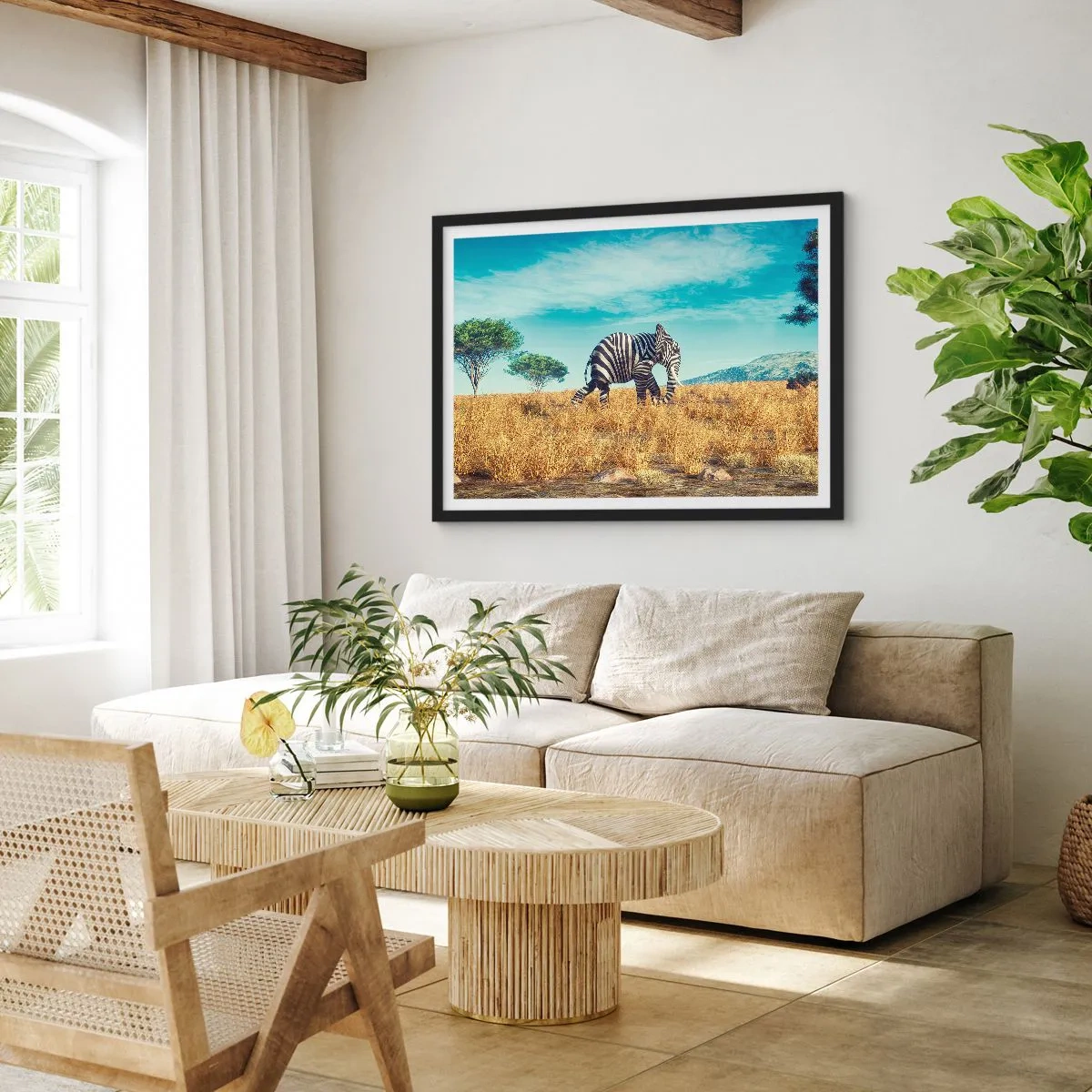 Poster in einem schwarzem Rahmen - Zebra in einer afrikanischen Landschaft - 70x50cm - Grau ist nicht mehr in Mode - Moderne Wanddekoration für Wohnzimmer und Schlafzimmer ARTTOR