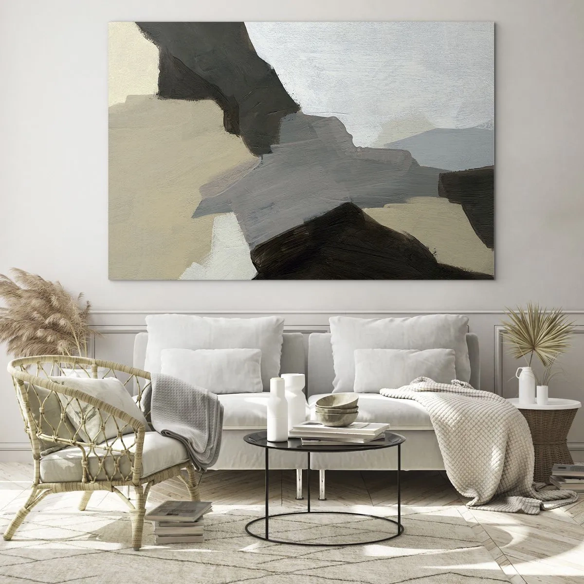 Glasbild - Bild auf glas - Eine moderne abstrakte Komposition in Grautönen - 70x50cm - Abstraktion: Scheideweg des Graus - Moderne Wanddekoration für Wohnzimmer und Schlafzimmer ARTTOR