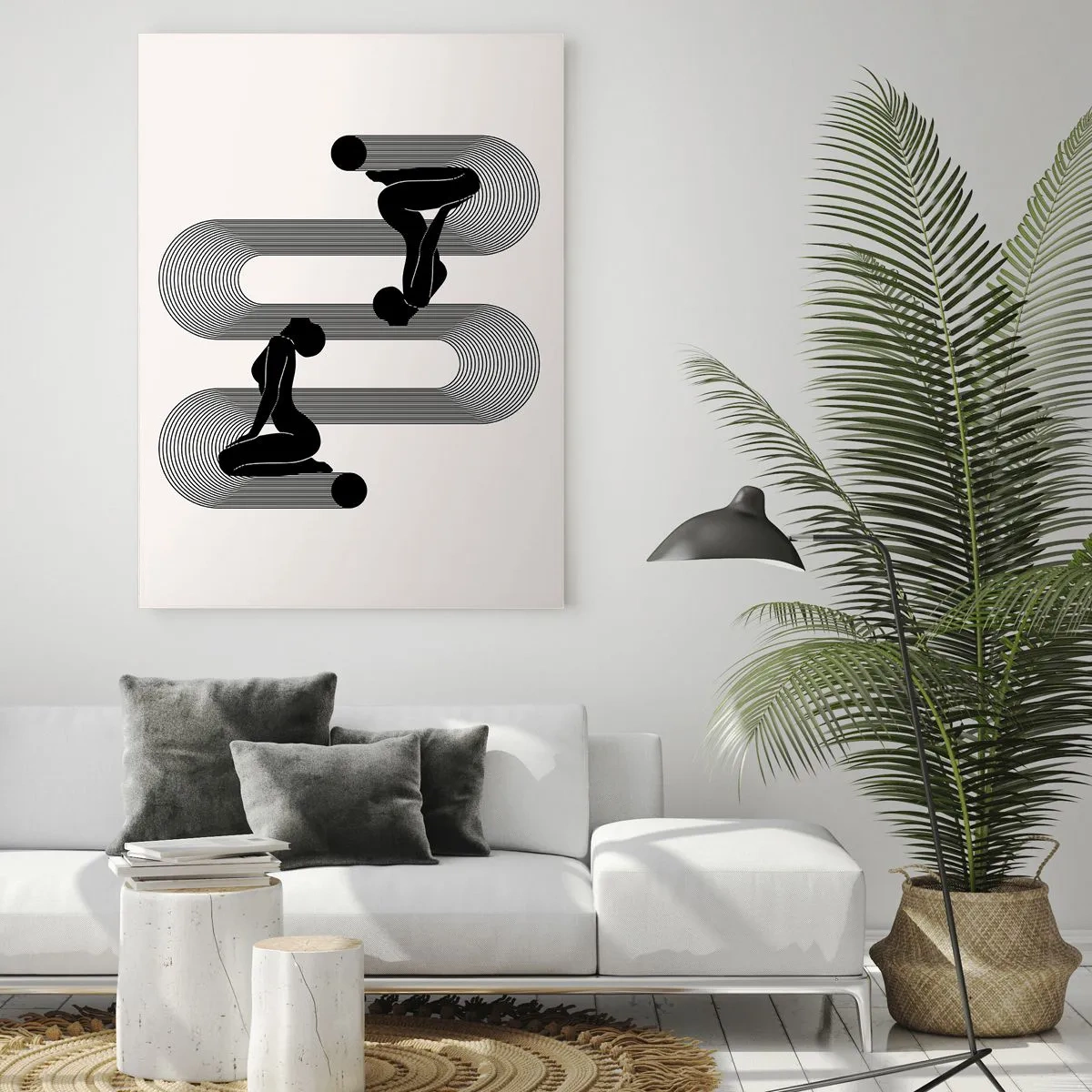 Glasbild - Bild auf glas - Schwarze Silhouetten mit geometrischen Linien auf hellem Hintergrund - 70x100cm - Sinnliche Symmetrie - Moderne Wanddekoration für Wohnzimmer und Schlafzimmer ARTTOR