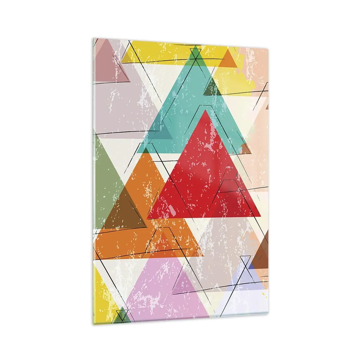 Glasbild - Bild auf glas - Bunte Abstraktion mit geometrischen Dreiecken - 80x120cm - Drei mal drei - Moderne Wanddekoration für Wohnzimmer und Schlafzimmer ARTTOR