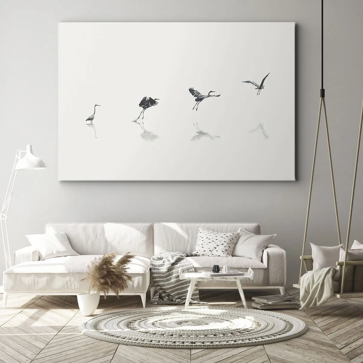 Bild auf Leinwand - Leinwandbild - Vier Vogelsilhouetten spiegeln sich im ruhigen Wasser - 70x50cm - Vier einfache Schritte - Moderne Wanddekoration für Wohnzimmer und Schlafzimmer ARTTOR