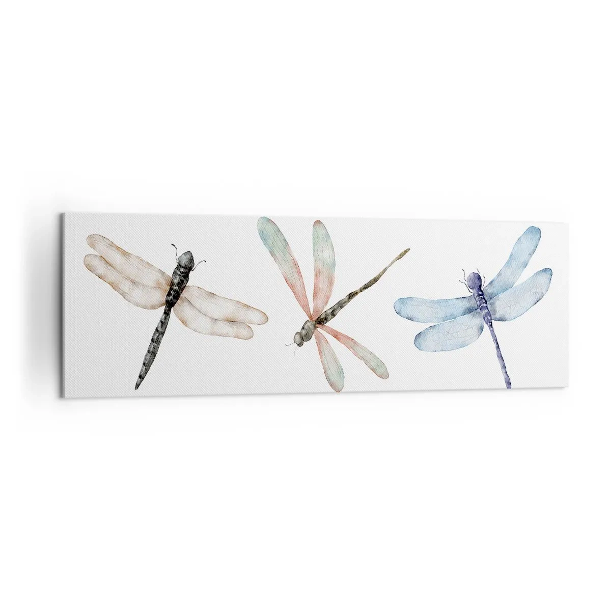 Bild auf Leinwand - Leinwandbild - Drei Libellen in zarten Pastellfarben - 160x50cm - Schwerelose Libellen - Moderne Wanddekoration für Wohnzimmer und Schlafzimmer ARTTOR