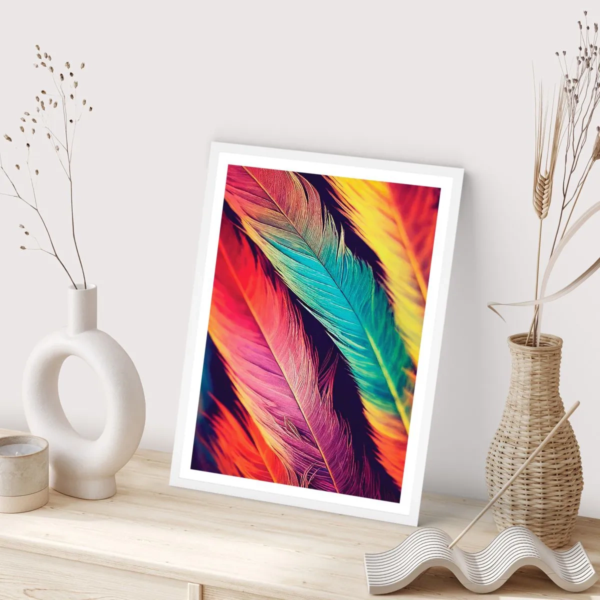 Poster in einem weißen Rahmen - Gefiederter Regenbogen - 50x70 cm