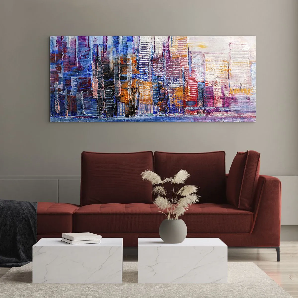 Glasbild - Bild auf glas - Ein farbenfrohes Panorama der Stadt mit Spiegelungen auf dem Wasser - 120x50cm - Fröhliche Metropole - Moderne Wanddekoration für Wohnzimmer und Schlafzimmer ARTTOR