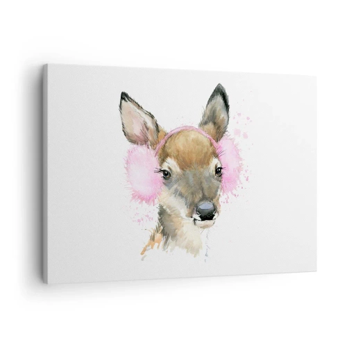 Bild auf Leinwand - Leinwandbild - Aquarell Hirsch in rosa Ohrenschützern - 70x50cm - Und der Frost ist nicht mehr schrecklich - Moderne Wanddekoration für Wohnzimmer und Schlafzimmer ARTTOR