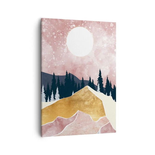 Bild auf Leinwand - Leinwandbild - Bunte Berge vor einem rosa Himmel mit einem Mond - 50x70cm - Nachtwache - Moderne Wanddekoration für Wohnzimmer und Schlafzimmer ARTTOR