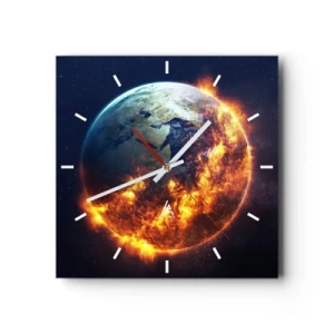 Wanduhr - Glasuhr - Der Planet Erde brennt im Weltraum - 30x30cm - Die Flamme der Apokalypse - Moderne Wanddekoration für Wohnzimmer und Schlafzimmer ARTTOR