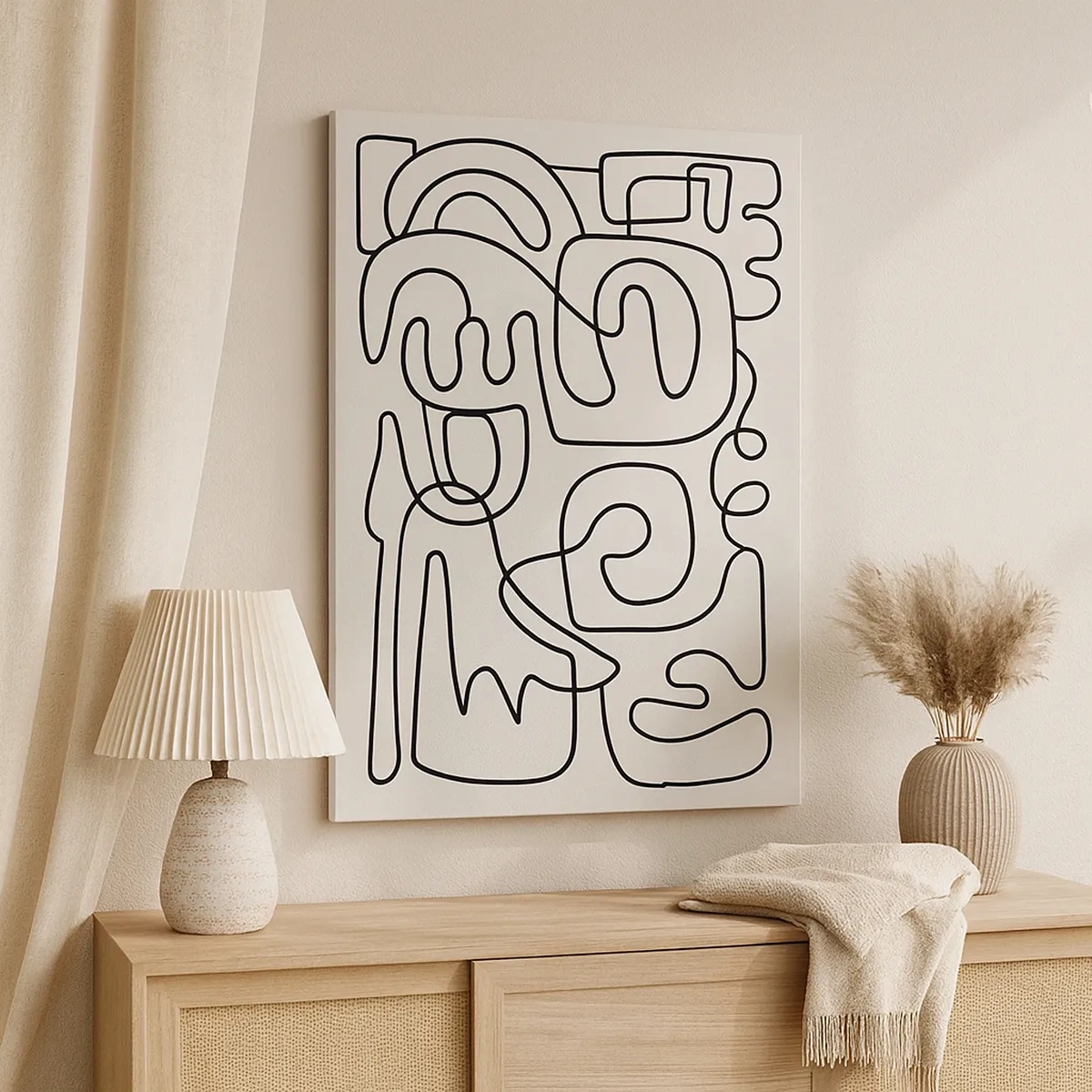 Bild auf Leinwand - Leinwandbild - Abstraktes Linienkunstmuster in Schwarz auf hellem Hintergrund - 50x70cm - Folge der Spur - Moderne Wanddekoration für Wohnzimmer und Schlafzimmer ARTTOR