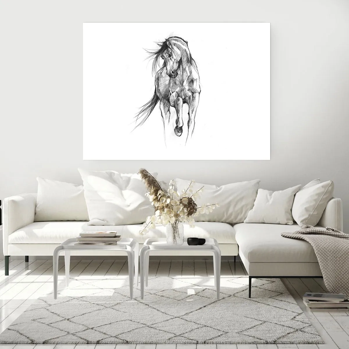 Poster - Schwarz-Weiß-Skizze eines galoppierenden Pferdes - 100x70cm - Im anmutigen Trab - Moderne Wanddekoration für Wohnzimmer und Schlafzimmer ARTTOR