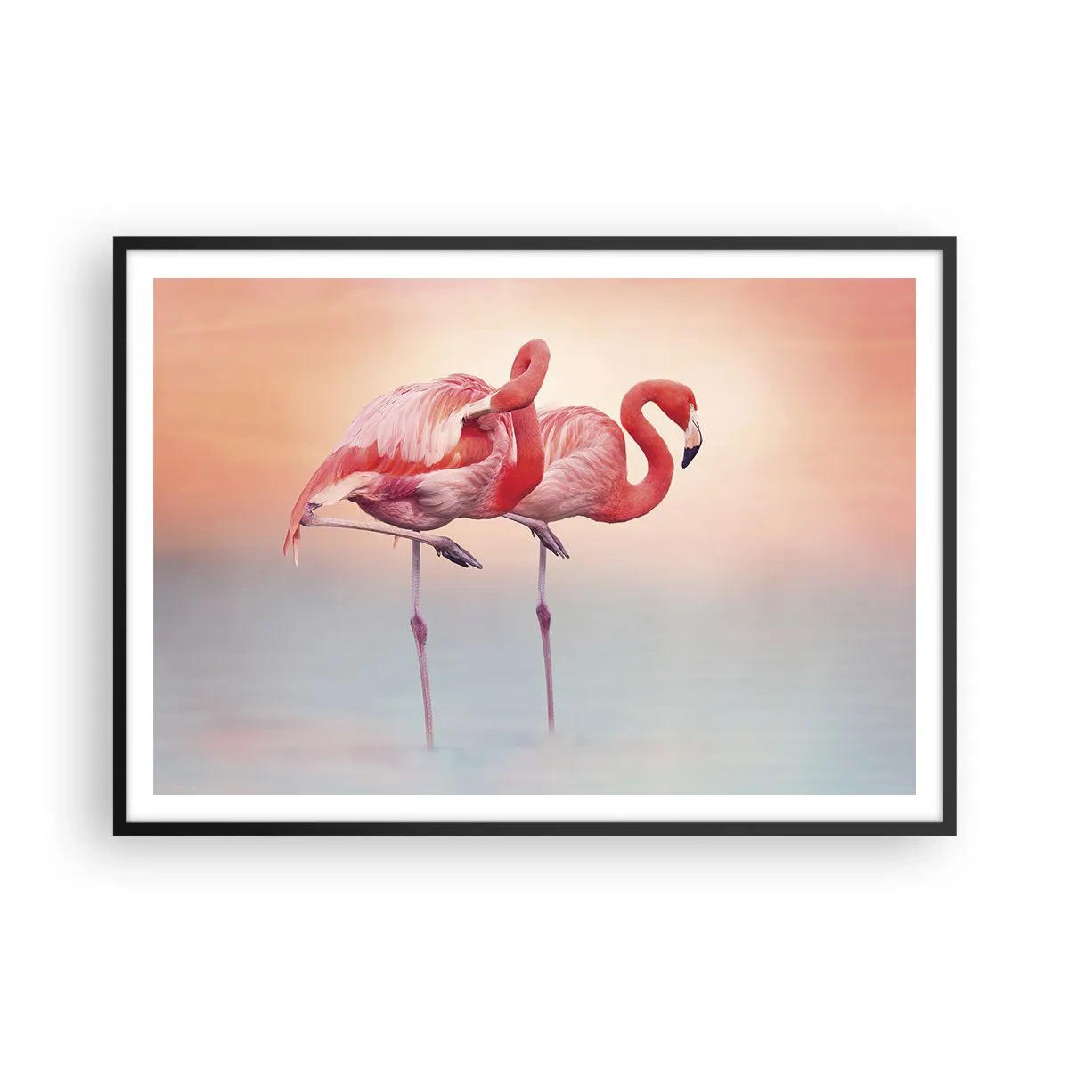 Poster in einem schwarzem Rahmen - Flamingos in zarten Pastellfarben auf Wasserhintergrund - 100x70cm - Die Farbe der untergehenden Sonne - Moderne Wanddekoration für Wohnzimmer und Schlafzimmer ARTTOR
