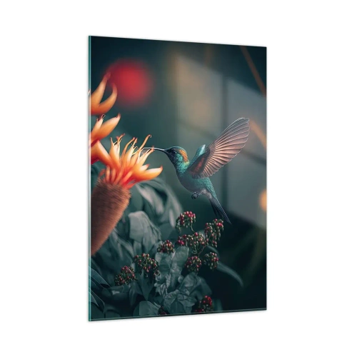 Glasbild - Bild auf glas - Ein Kolibri schwebt über exotischen Blumen zwischen den Blättern. - 50x70cm - Wirklich buntes Leben - Moderne Wanddekoration für Wohnzimmer und Schlafzimmer ARTTOR