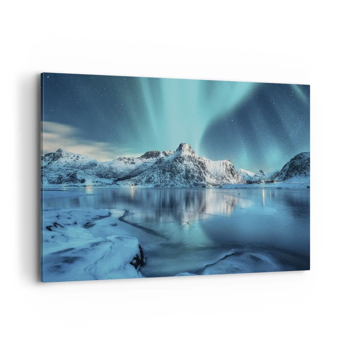 Bild auf Leinwand - Leinwandbild - Aurora Borealis über schneebedeckten Bergen und einem See - 120x80cm - Lichtnacht - Moderne Wanddekoration für Wohnzimmer und Schlafzimmer ARTTOR