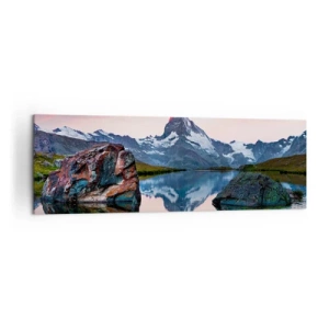 Bild auf Leinwand - Leinwandbild - Ein Berggipfel spiegelt sich bei Sonnenuntergang in einem See - 160x50cm - Das Herz der Berge ist heiß - Moderne Wanddekoration für Wohnzimmer und Schlafzimmer ARTTOR