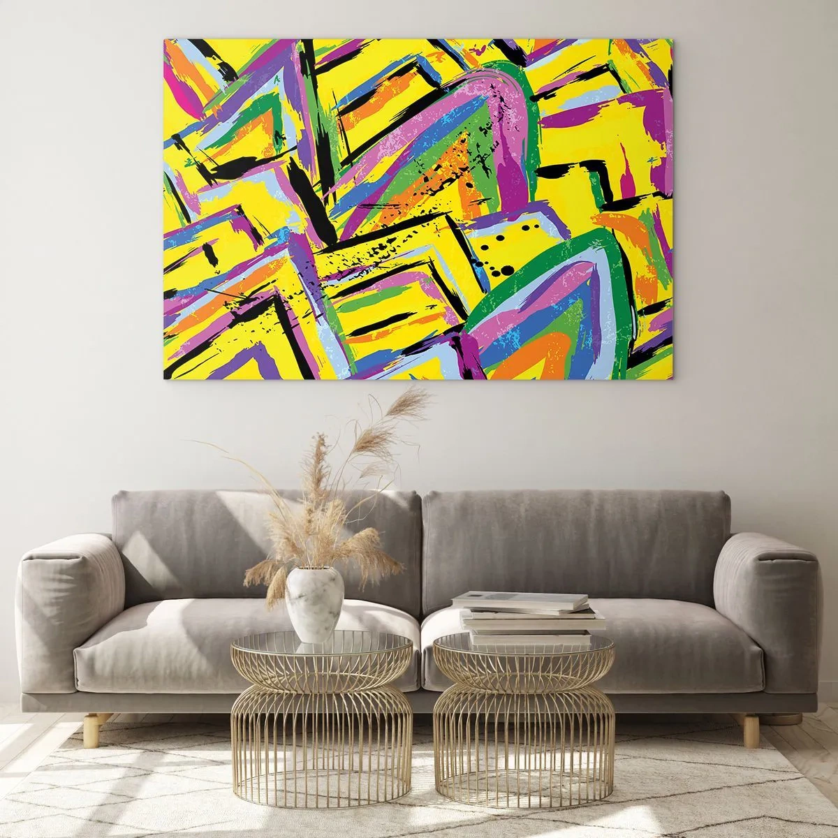 Glasbild - Bild auf glas - Intensive Abstraktion in leuchtenden Farben auf gelbem Hintergrund - 120x80cm - Bis sie vor Freude schreit - Moderne Wanddekoration für Wohnzimmer und Schlafzimmer ARTTOR