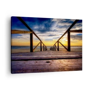 Bild auf Leinwand - Leinwandbild - Holzsteg zum Strand bei Sonnenuntergang - 70x50cm - Direkt zum ruhigen Strand bei Sonnenuntergang - Moderne Wanddekoration für Wohnzimmer und Schlafzimmer ARTTOR