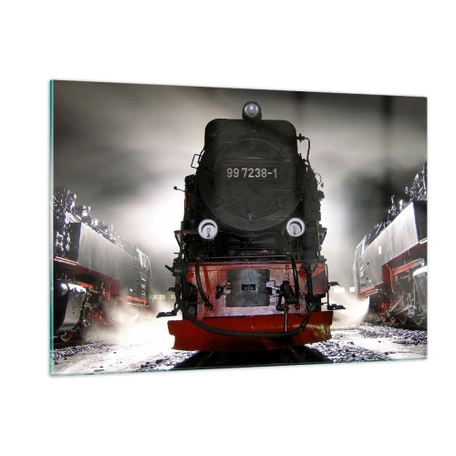 Glasbild - Bild auf glas - Eine Dampflokomotive umgeben von Dampf und Licht - 120x80cm - Er steht und keucht, seufzt und pustet - Moderne Wanddekoration für Wohnzimmer und Schlafzimmer ARTTOR