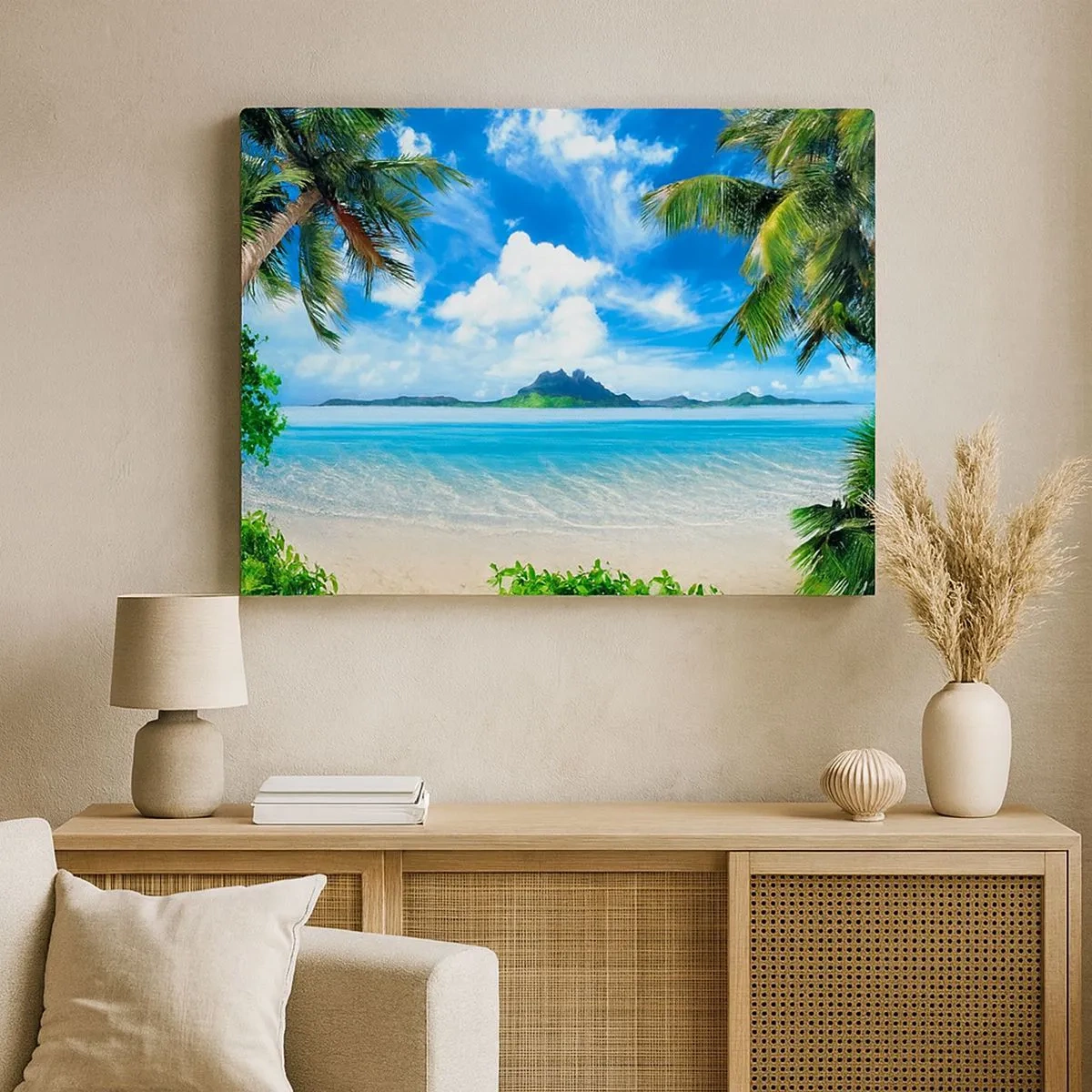 Bild auf Leinwand - Leinwandbild - Tropischer Strand mit Palmen und Blick auf die Insel - 70x50cm - Das Azurblau der Tropen - Moderne Wanddekoration für Wohnzimmer und Schlafzimmer ARTTOR