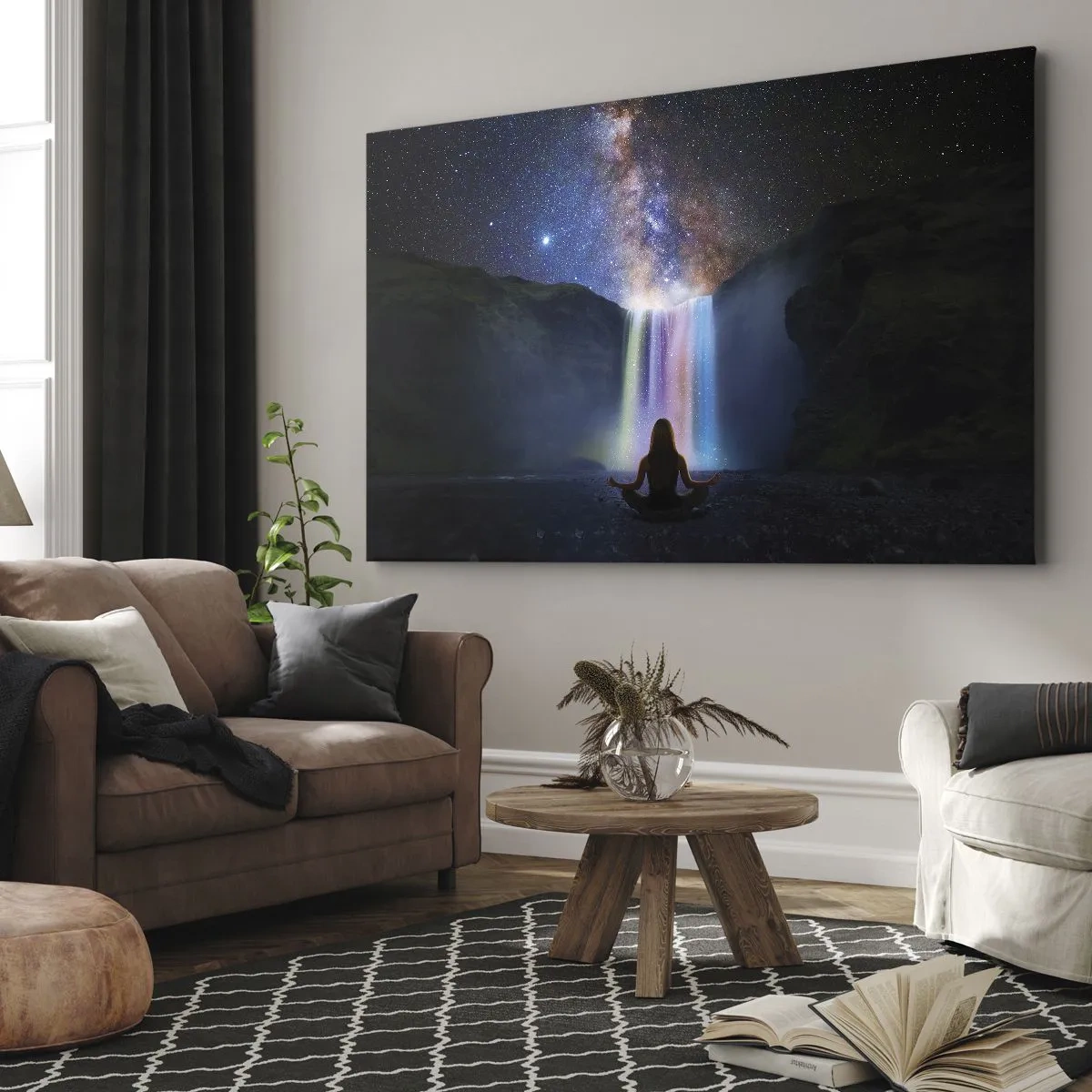 Bild auf Leinwand - Leinwandbild - Meditation vor einem Wasserfall inmitten der Sterne - 70x50cm - Absolute Harmonie - Moderne Wanddekoration für Wohnzimmer und Schlafzimmer ARTTOR