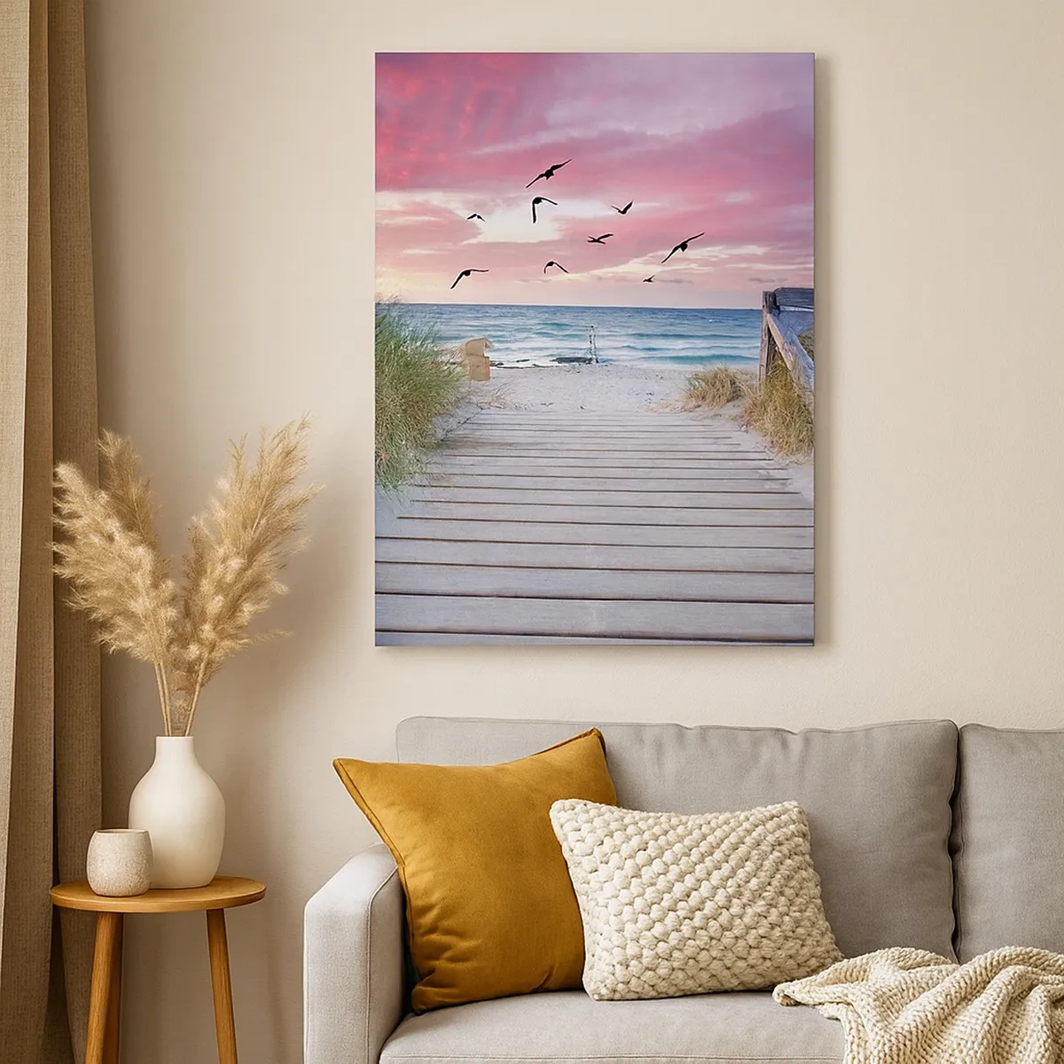 Bild auf Leinwand - Leinwandbild - Holzweg am Strand bei rosa Sonnenuntergang - 50x70cm - Baltischer Eindruck - Moderne Wanddekoration für Wohnzimmer und Schlafzimmer ARTTOR