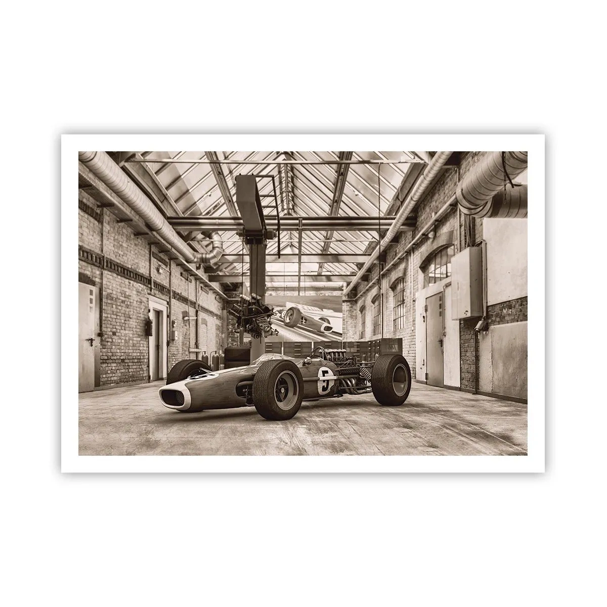 Poster - Schwarz-weißer Rennwagen in einem industriellen Interieur - 100x70cm - Die Siegerruhe - Moderne Wanddekoration für Wohnzimmer und Schlafzimmer ARTTOR