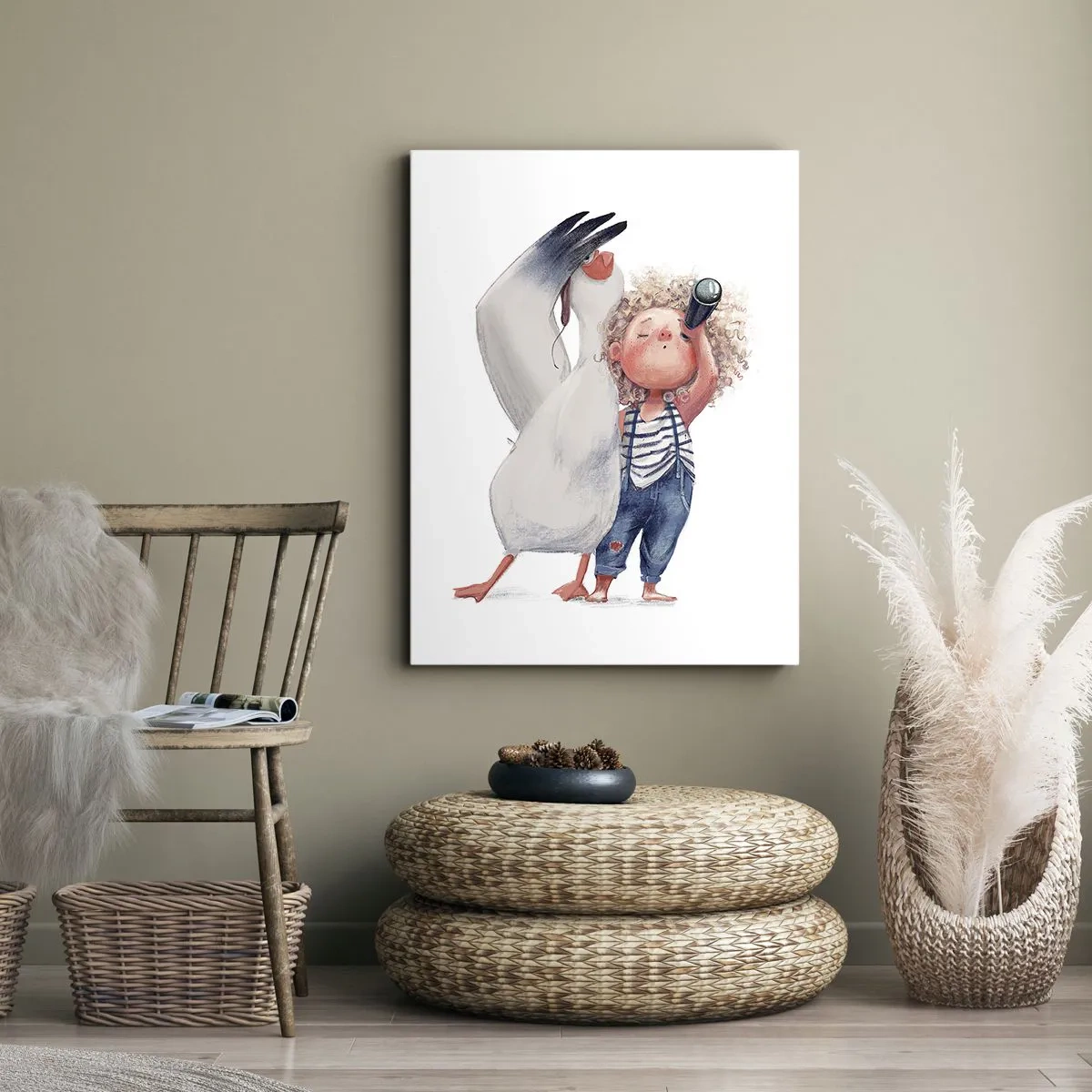 Bild auf Leinwand - Leinwandbild - Illustration eines Kindes mit einem Pelikan und einem Teleskop in der Hand - 70x100cm - Toller Reiseplan - Moderne Wanddekoration für Wohnzimmer und Schlafzimmer ARTTOR