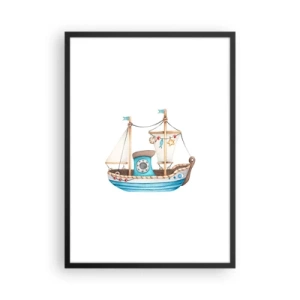 Poster in einem schwarzem Rahmen - Aquarellschiff in Pastelltönen von Blau und Beige - 50x70cm - Ahoi, Abenteuer! - Moderne Wanddekoration für Wohnzimmer und Schlafzimmer ARTTOR