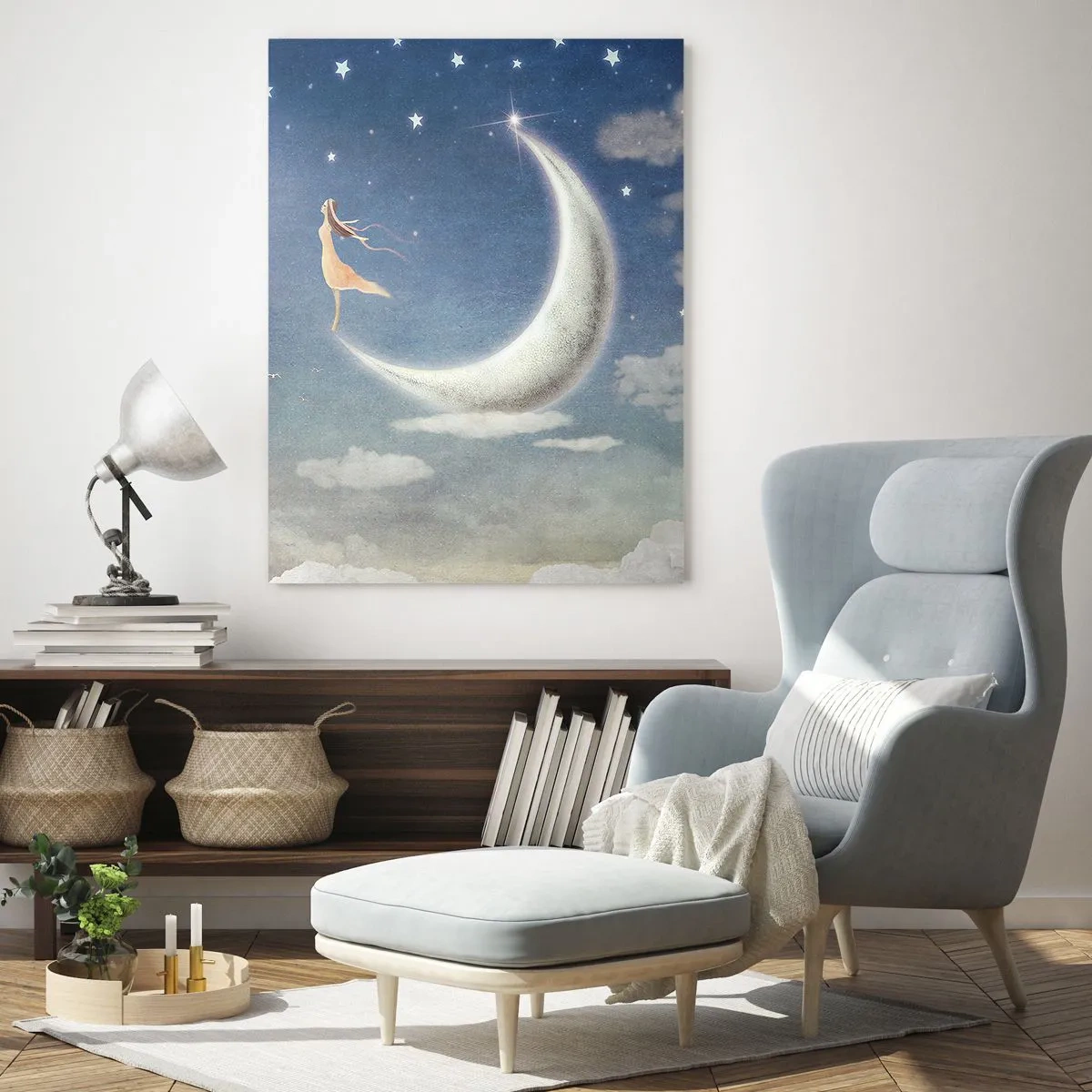 Glasbild - Bild auf glas - Eine Frau im Mond, umgeben von Sternen und Wolken - 80x120cm - Blauer Freier - Moderne Wanddekoration für Wohnzimmer und Schlafzimmer ARTTOR