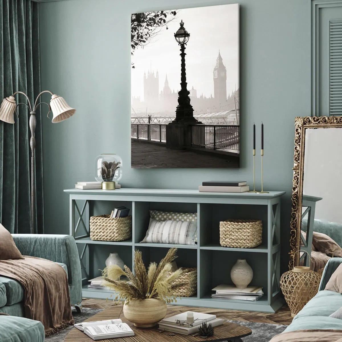 Bild auf Leinwand - Leinwandbild - Eine monochrome Ansicht von Big Ben und der Themse. - 50x70cm - Londoner Morgen - Moderne Wanddekoration für Wohnzimmer und Schlafzimmer ARTTOR