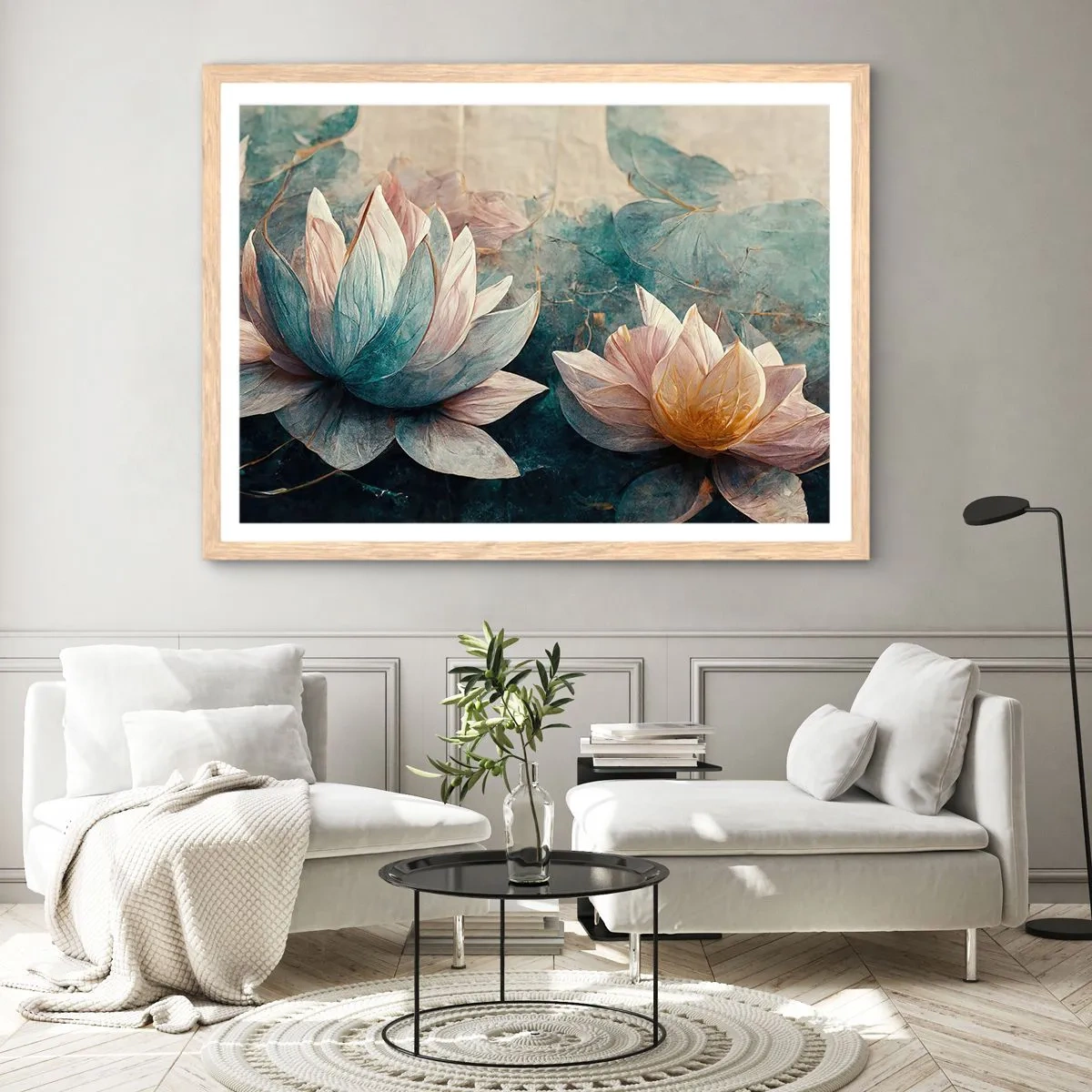 Poster in einem Rahmen aus heller Eiche - Seesterne - 70x50 cm