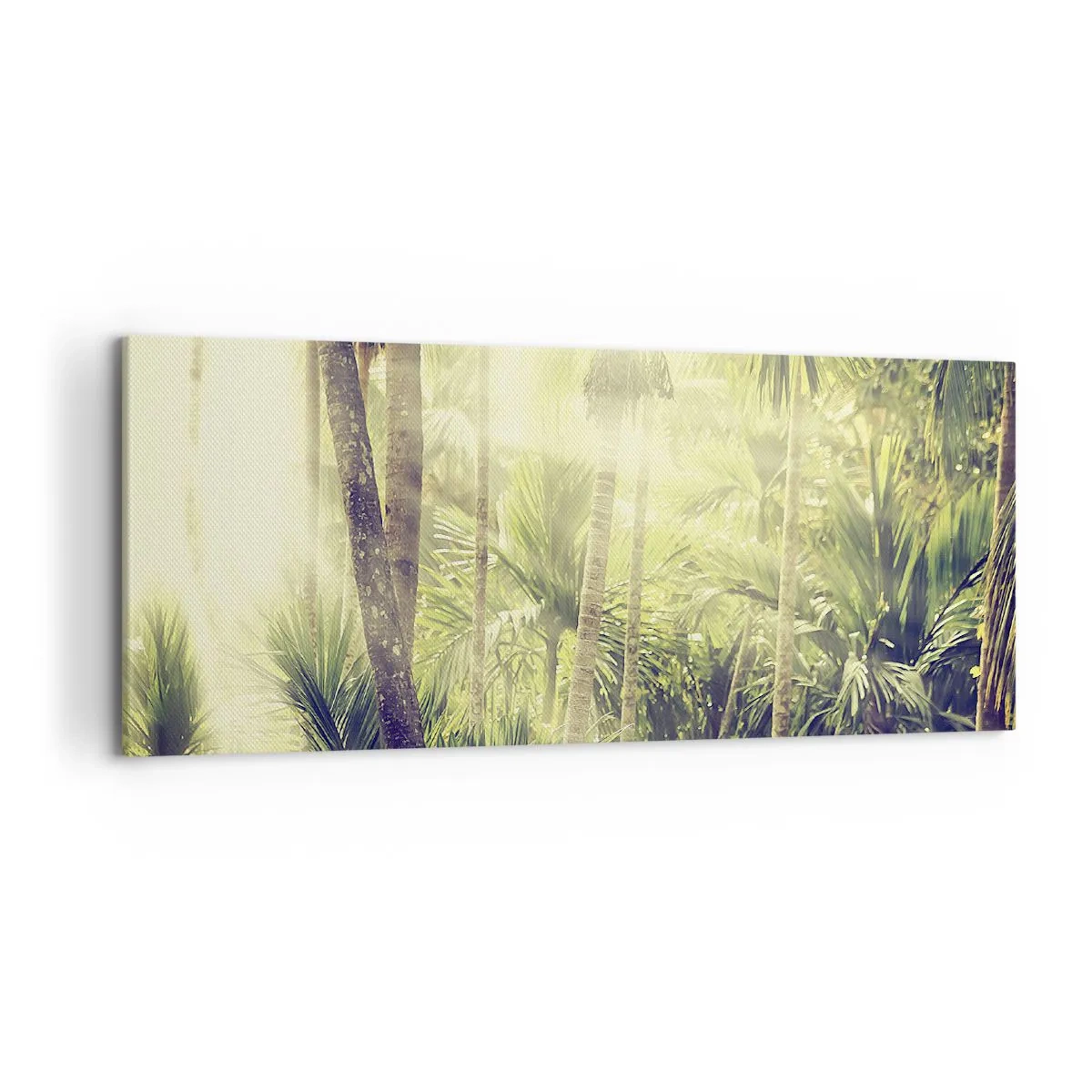 Bild auf Leinwand - Leinwandbild - Sonnenstrahlen in einem tropischen Palmenwald - 120x50cm - In grüner Hitze - Moderne Wanddekoration für Wohnzimmer und Schlafzimmer ARTTOR