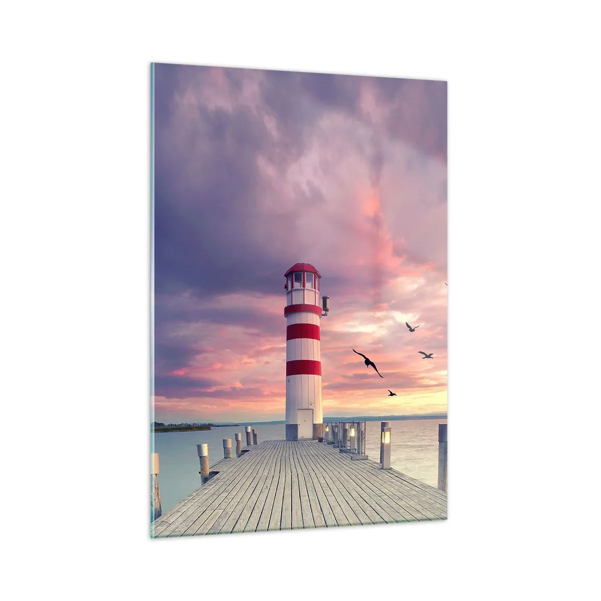 Glasbild - Bild auf glas - Leuchtturm auf dem Pier bei Sonnenuntergang mit fliegenden Vögeln - 50x70cm - Es ist Zeit zum Hafen zu gehen - Moderne Wanddekoration für Wohnzimmer und Schlafzimmer ARTTOR
