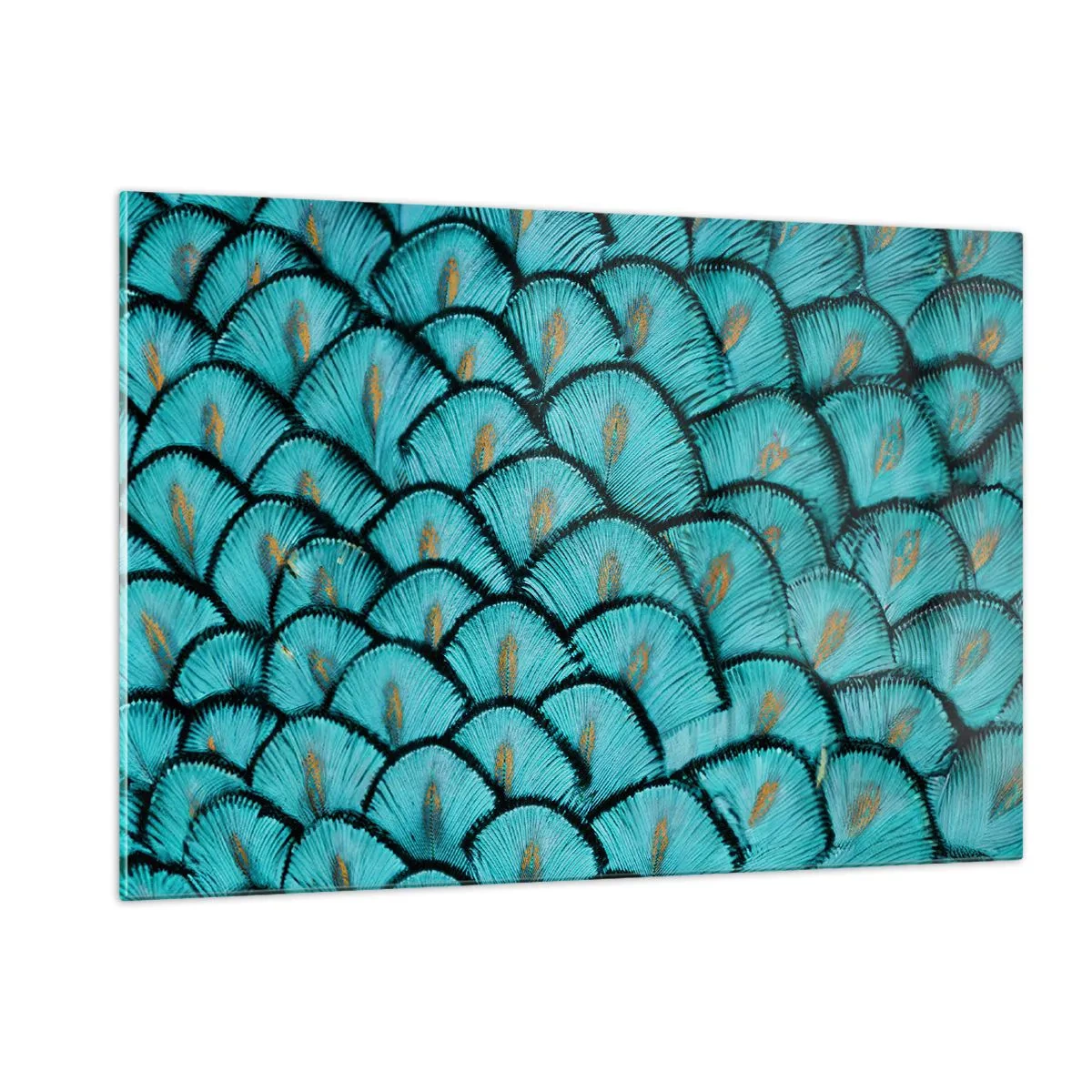 Glasbild - Bild auf glas - Eine Nahaufnahme von türkisfarbenen Pfauenfedern, die ein dekoratives Muster bilden. - 120x80cm - Große Federgala - Moderne Wanddekoration für Wohnzimmer und Schlafzimmer ARTTOR