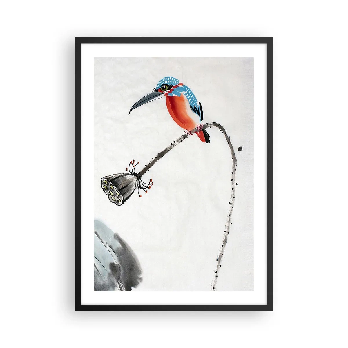 Poster in einem schwarzem Rahmen - Bunter Eisvogel auf einem Ast im Aquarellstil - 50x70cm - Das Leben der Wiese - Moderne Wanddekoration für Wohnzimmer und Schlafzimmer ARTTOR
