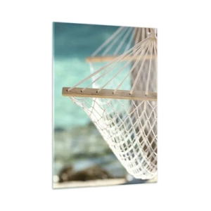 Glasbild - Bild auf glas - Eine Hängematte mit Blick auf das kristallklare türkisfarbene Wasser - 50x70cm - Zeit zum Entspannen - Moderne Wanddekoration für Wohnzimmer und Schlafzimmer ARTTOR