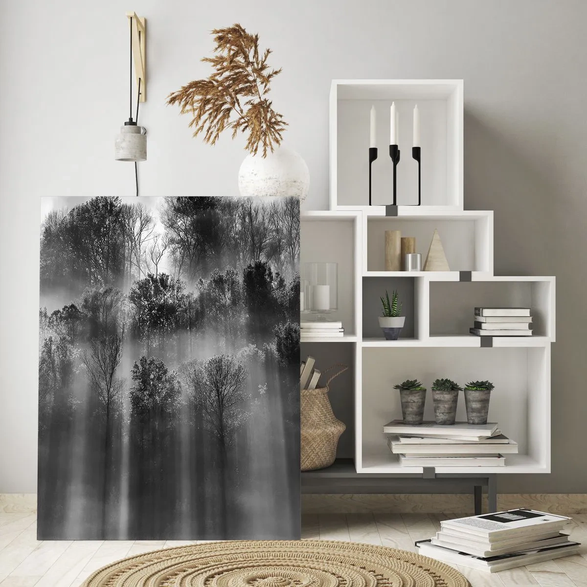 Glasbild - Bild auf glas - Schwarz-weißer Wald im Morgenlicht - 70x100cm - In Lichtstrahlen - Moderne Wanddekoration für Wohnzimmer und Schlafzimmer ARTTOR