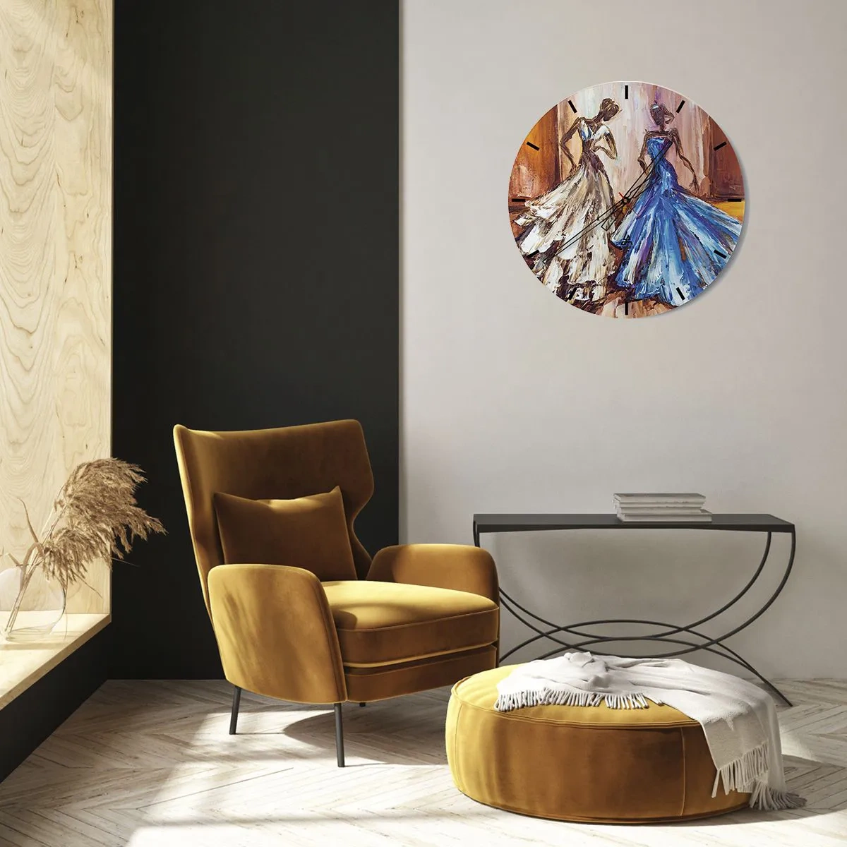 Wanduhr - Glasuhr - Zwei Frauen in kunstvollen, malerisch anmutenden Kleidern - 30x30cm - Ein dankbares Duo - Moderne Wanddekoration für Wohnzimmer, Küche und Schlafzimmer ARTTOR
