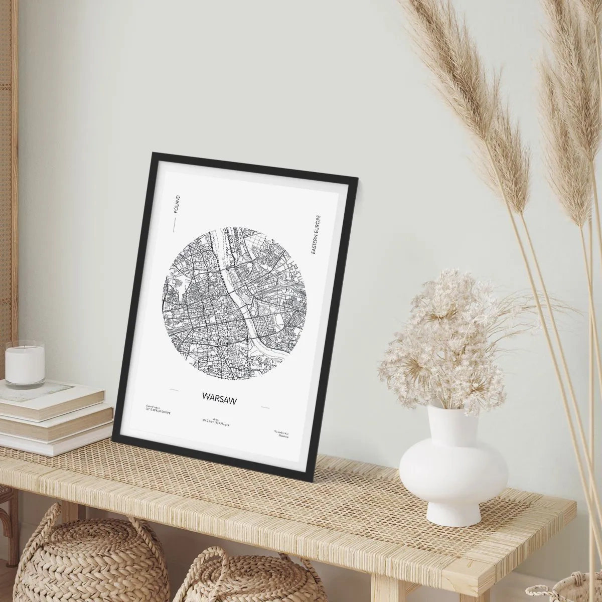 Poster in einem schwarzem Rahmen - Minimalistische Karte von Warschau in einem Kreis - 50x70cm - Anatomie von Warschau - Moderne Wanddekoration für Wohnzimmer und Schlafzimmer ARTTOR