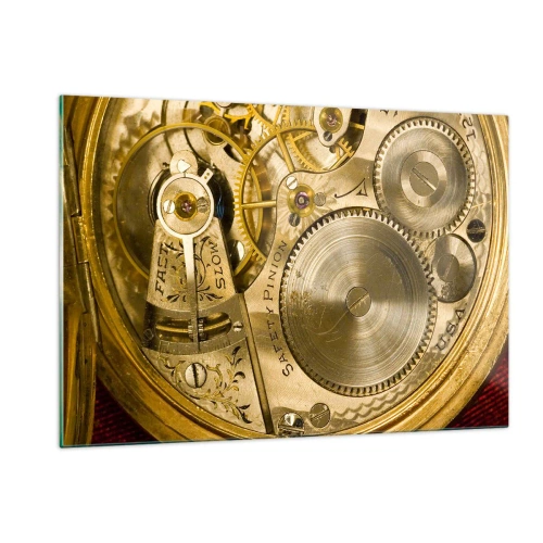 Glasbild - Bild auf glas - Uhrwerk in Gold-Finish - 120x80cm - Geh mit der Zeit - Moderne Wanddekoration für Wohnzimmer und Schlafzimmer ARTTOR