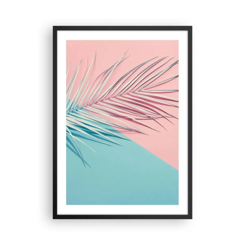 Poster in einem schwarzem Rahmen - Eine Palme vor einem Hintergrund in Pastellrosa und Blau - 50x70cm - Tropischer Eindruck - Moderne Wanddekoration für Wohnzimmer und Schlafzimmer ARTTOR