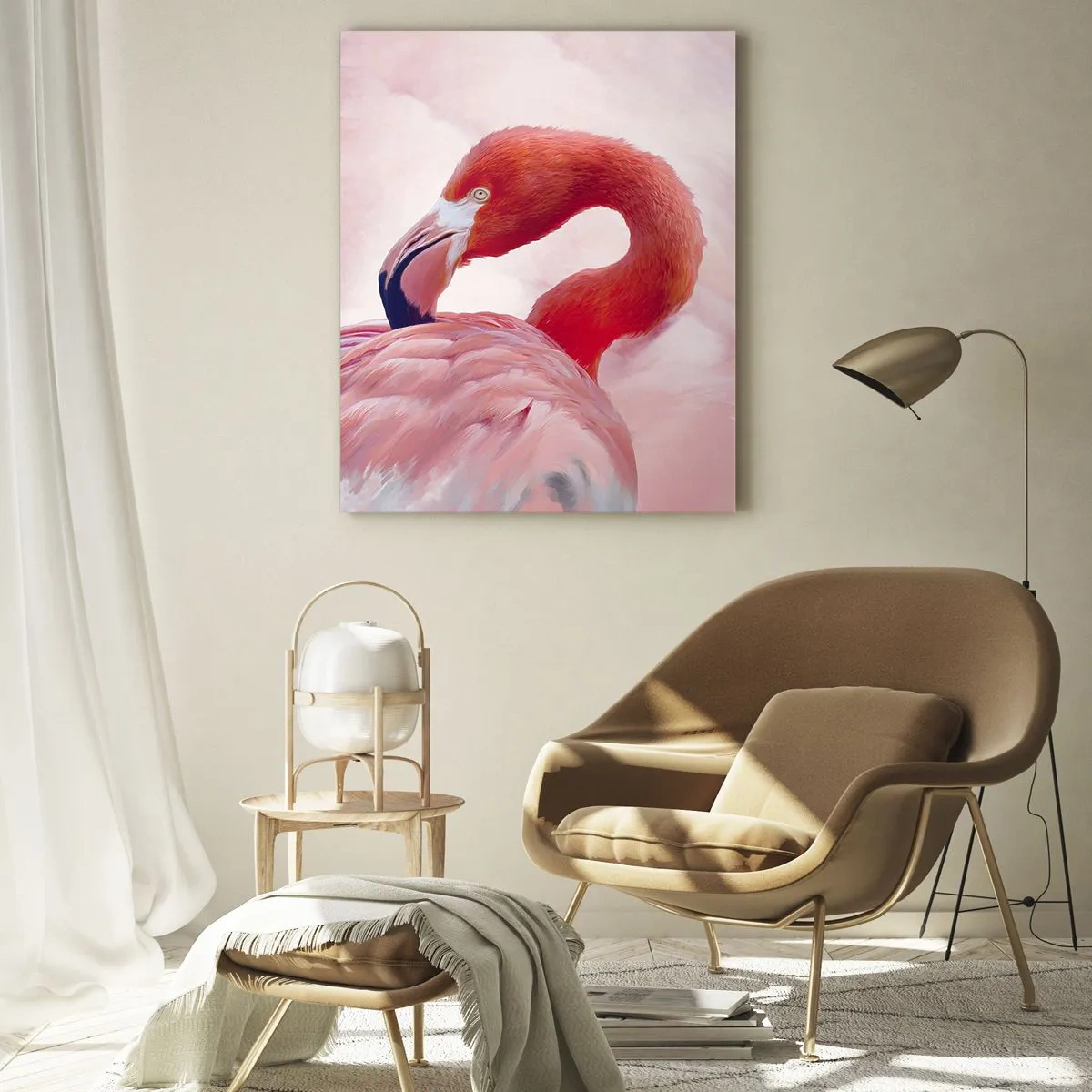 Glasbild - Bild auf glas - Ein Flamingo in Rosatönen auf hellem Hintergrund - 70x100cm - Vogel Schönheit - Moderne Wanddekoration für Wohnzimmer und Schlafzimmer ARTTOR