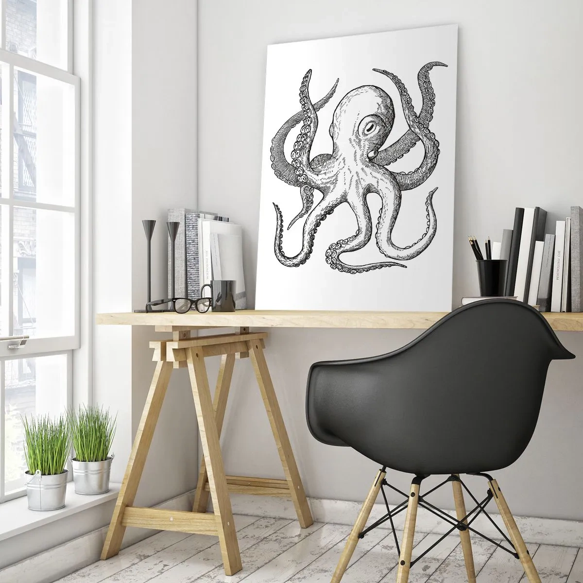 Glasbild - Bild auf glas - Schwarz-weiße Zeichnung eines Oktopus auf weißem Hintergrund im Vintage-Stil - 80x120cm - Mit den Wellen tanzen - Moderne Wanddekoration für Wohnzimmer und Schlafzimmer ARTTOR