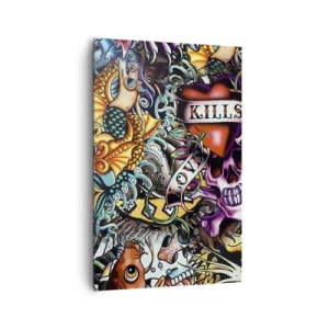 Bild auf Leinwand - Leinwandbild - Farbenfrohe Kunstwerke im Tattoo-Stil mit Totenköpfen und nautischen Motiven - 80x120cm - Der Traum des Tätowierers - Moderne Wanddekoration für Wohnzimmer und Schlafzimmer ARTTOR