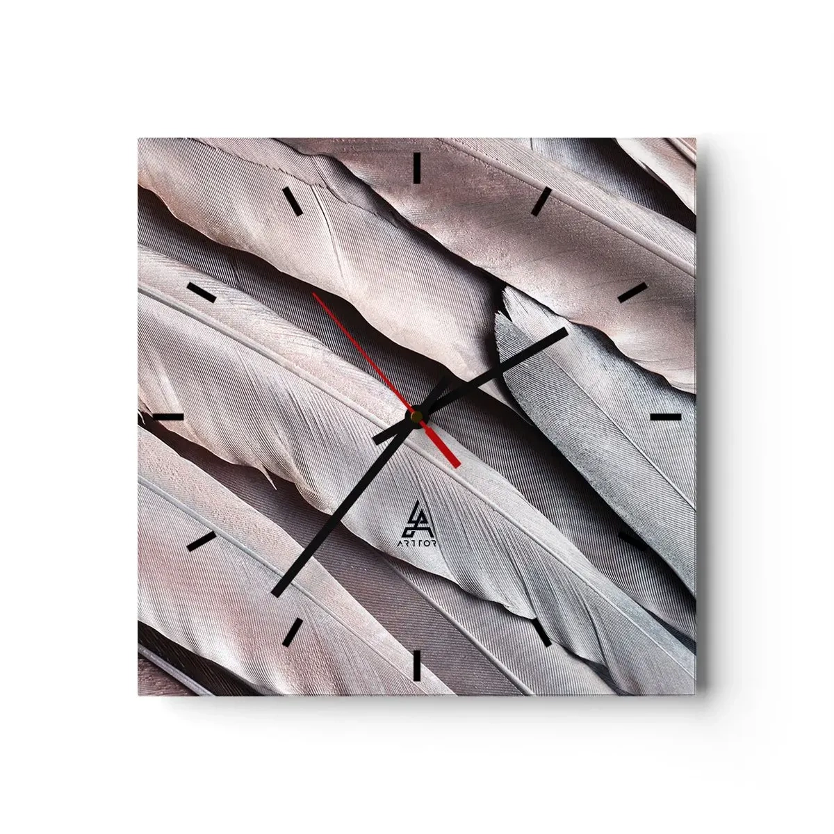 Wanduhr - Glasuhr - Zarte Federn in dezenten Grau- und Beigetönen - 30x30cm - In rosa Silber - Moderne Wanddekoration für Wohnzimmer und Schlafzimmer ARTTOR