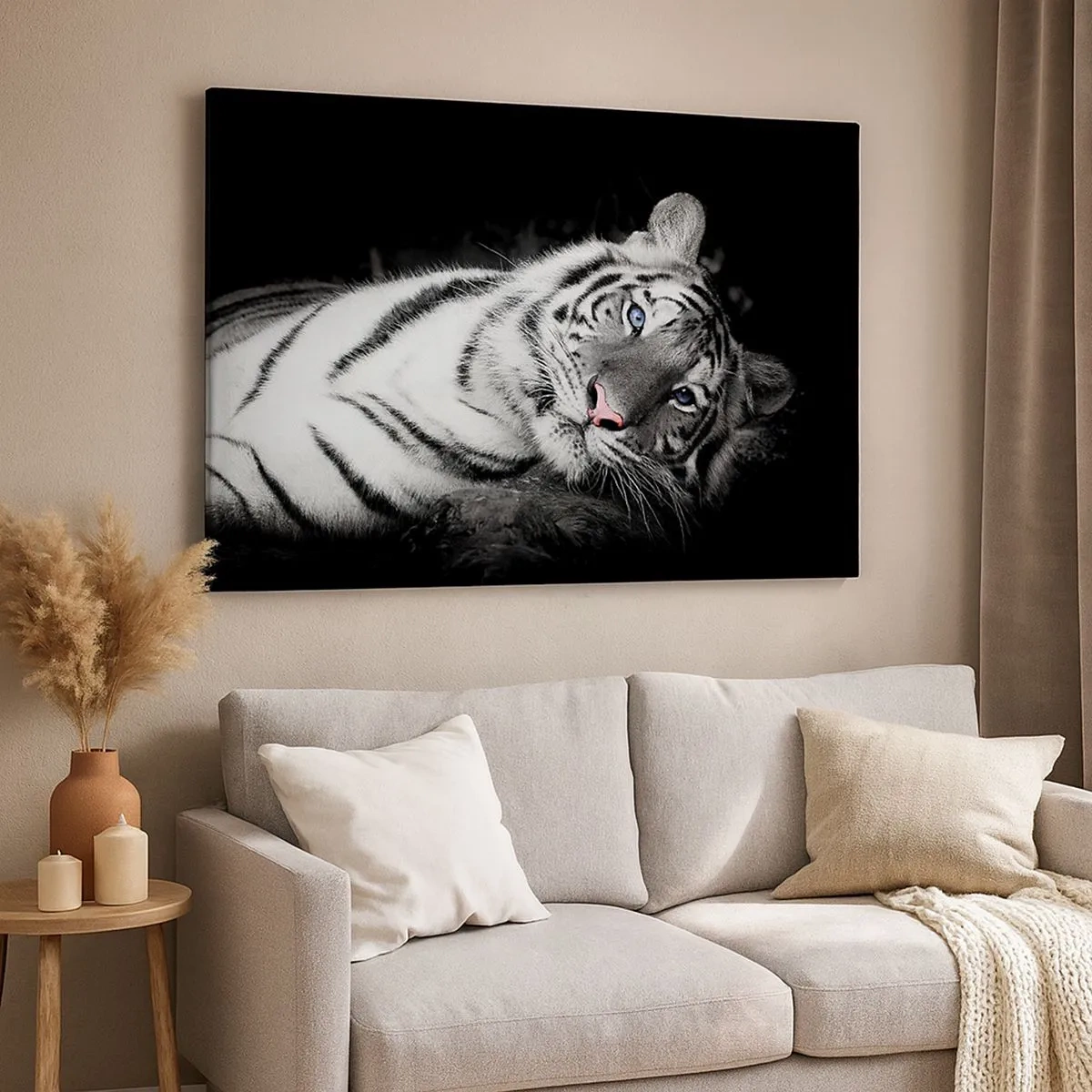 Bild auf Leinwand - Leinwandbild - Ein künstlerisch gestalteter weißer Tiger vor schwarzem Hintergrund - 70x50cm - Wildnis und Frieden - Moderne Wanddekoration für Wohnzimmer und Schlafzimmer ARTTOR