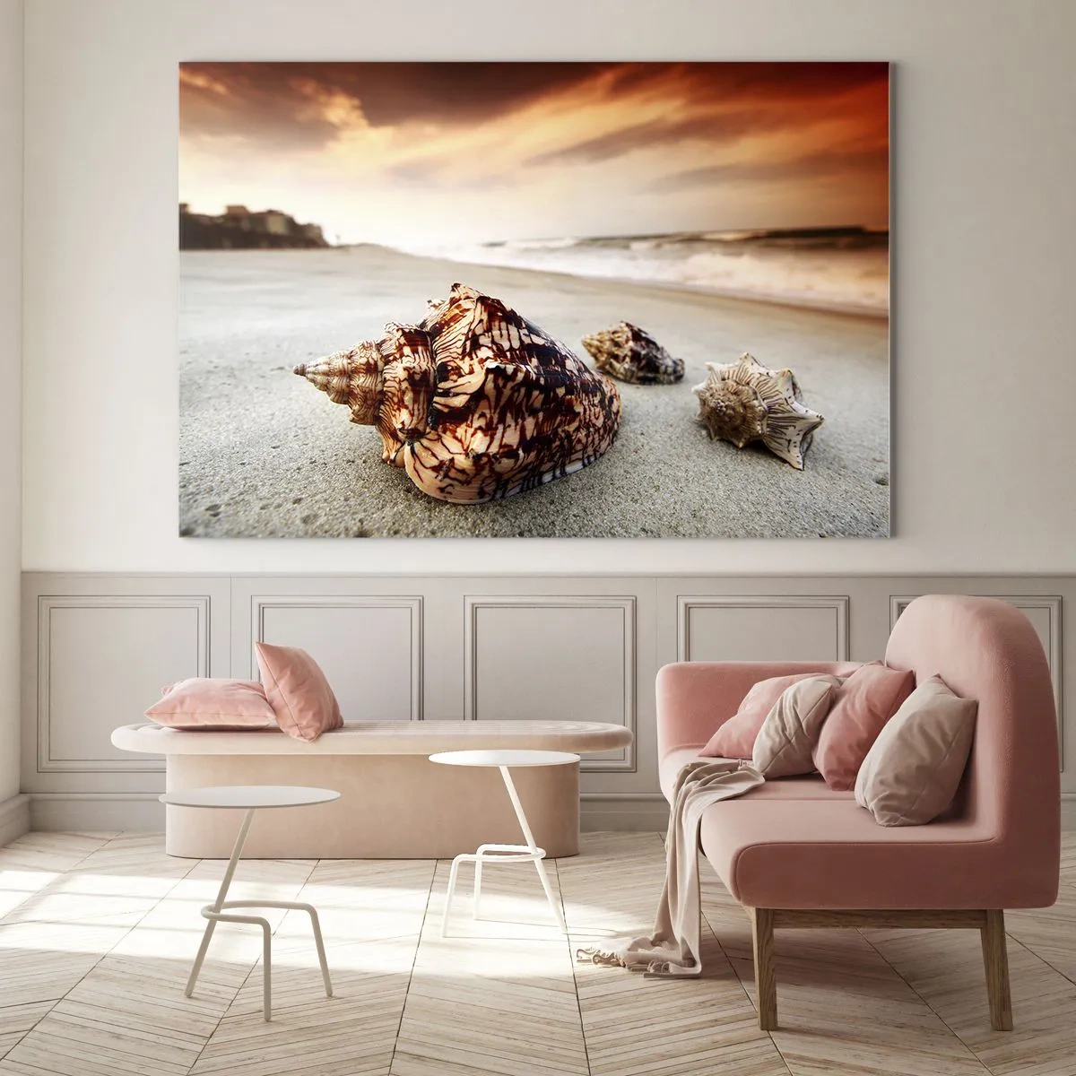 Glasbild - Bild auf glas - Muscheln am Strand bei Sonnenuntergang - 70x50cm - Ausgestoßene von Wellen - Moderne Wanddekoration für Wohnzimmer und Schlafzimmer ARTTOR